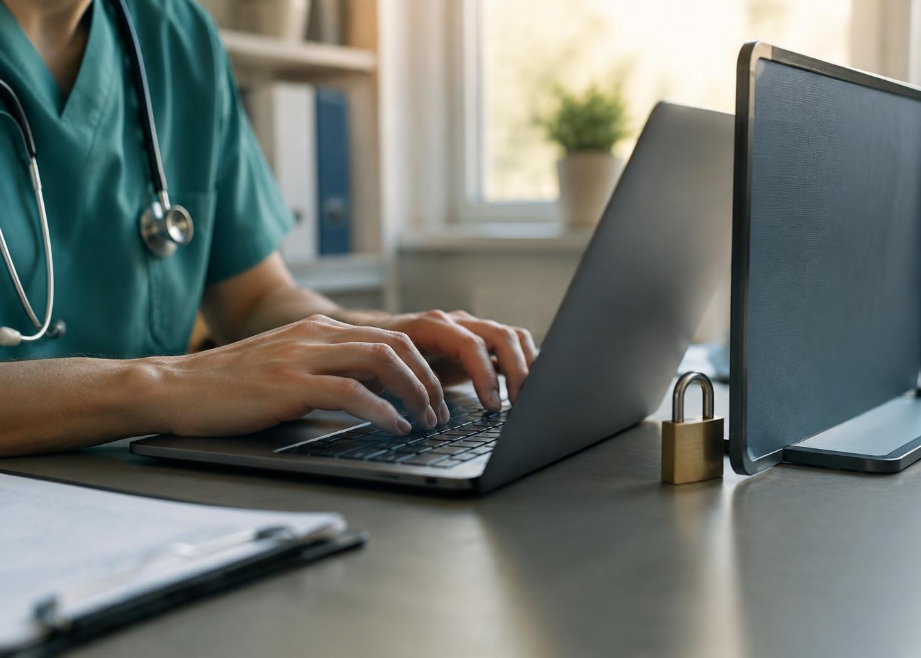 A healthcare professional types on a laptop, with a padlock and a privacy screen on the desk beside it.