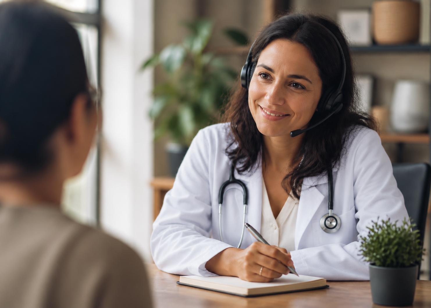 A Careline coordinator listening to a patient, notebook in hand